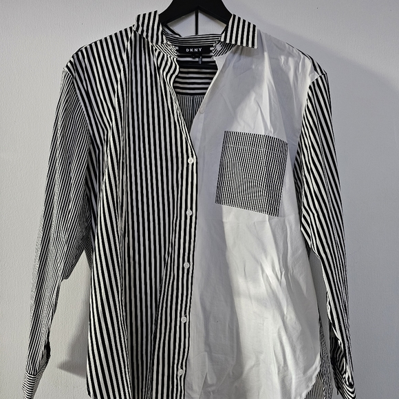 DKNY | Black & White Stripe Color-Block Button-Up - Picture 3 of 8